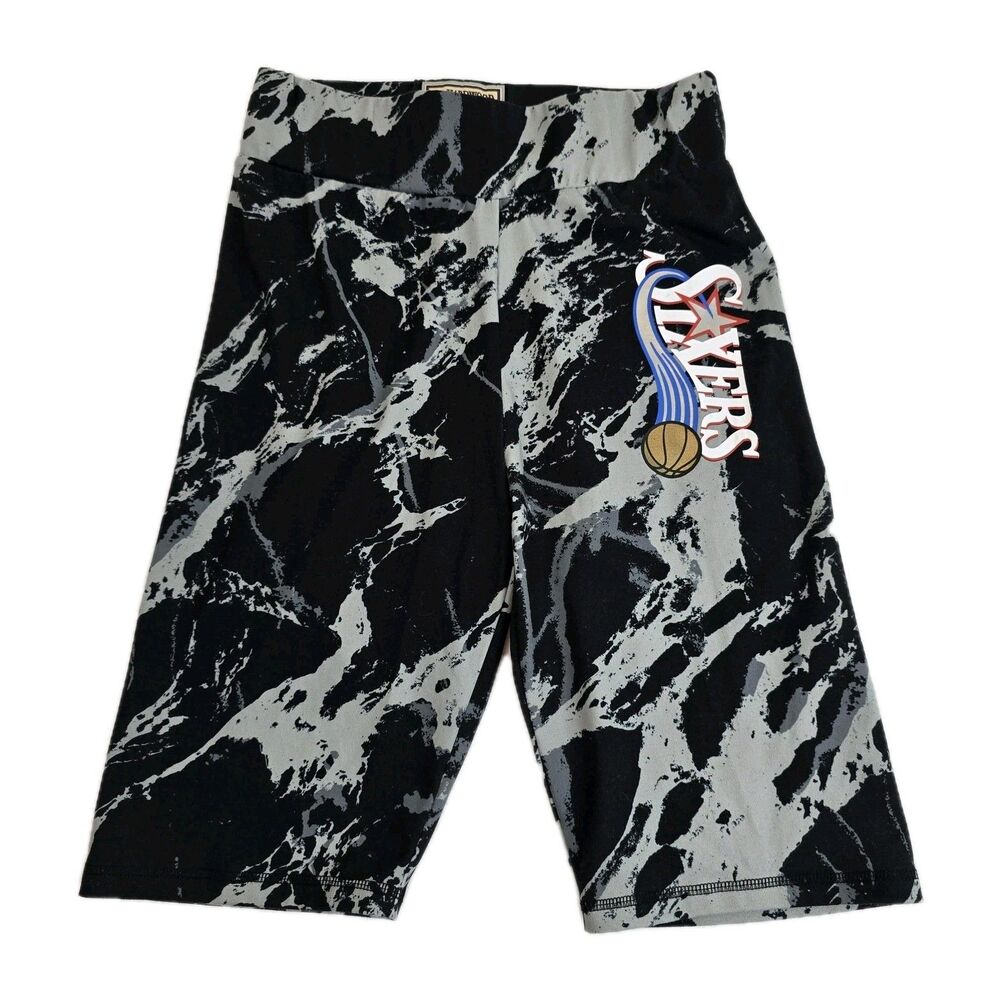 Philadelphia 76ers Biker Shorts Womens Sz L NBA Mitchell Ness Basketball Marble